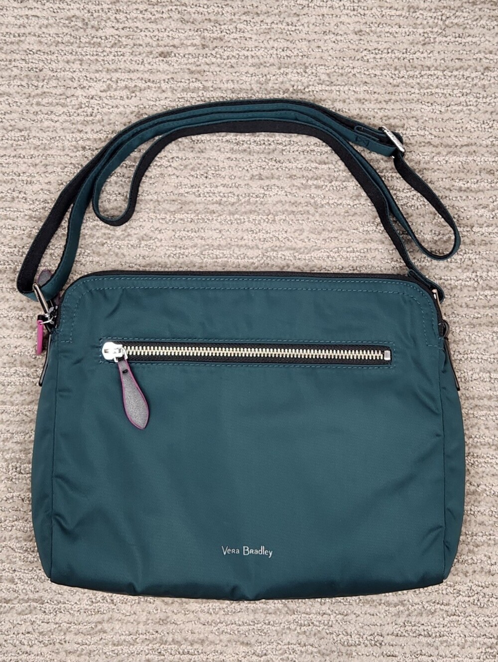 Vera Bradley Nylon Crossbody Purse Emerald Green Organizer Bag Zipper Adjustable